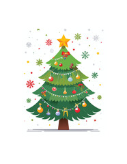 Festive Decorated Christmas Tree Illustration with Star and Ornaments on White Background