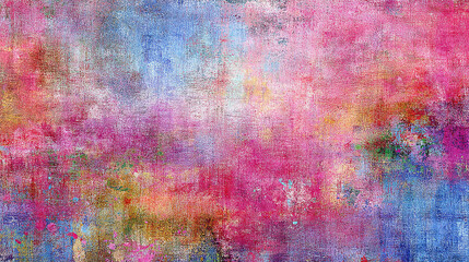 Vibrant abstract painting featuring a blend of pink, blue, and green hues with textured layers