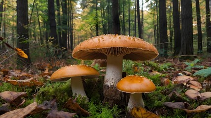 Fototapeta premium Mushrooms in the forest, autumn woodland and natural foraging concept