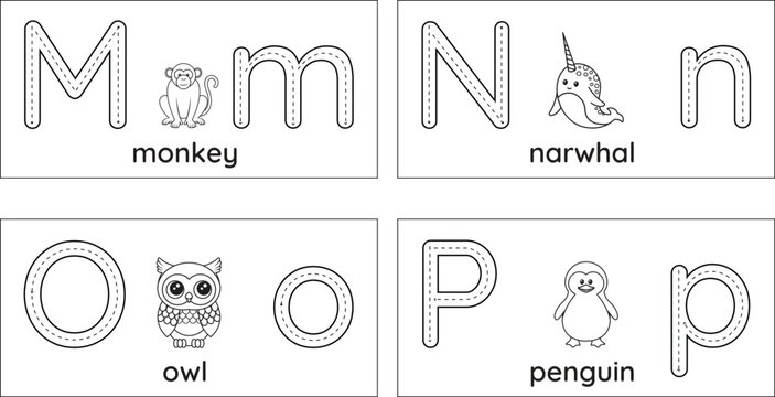 Isolated tracing Alphabet flashcards MNOP