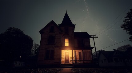 An old, decrepit haunted house stands ominously against a dark and stormy sky. A warm light glows from a window, creating a sinister and suspenseful atmosphere.