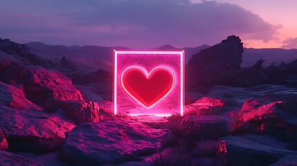 Glowing neon heart shape within a square frame amongst a rocky terrain at sunset photo