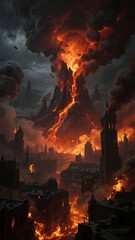 A city engulfed in flames with a massive volcanic eruption in the background