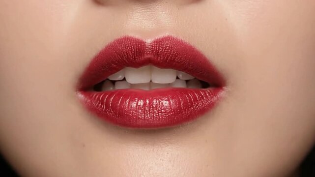 Closeup of mouth with red lipstick showing teeth