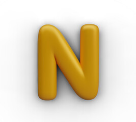 3D letter N on white background. Golden decorative uppercase text element, part of Latin alphabet. Template for virtual texts, digital headers, web design
