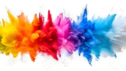 Rainbow dust powder explosion white background, isolated background. Dynamic blast eruption, vibrant colorful effect, lgbt, party, celebration, festival, color run element