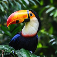 Vibrant toucan with large colorful beak perched on a branch in a lush forest
