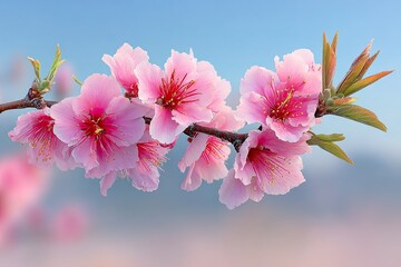 Obraz premium Delicate pink blossoms on a branch against a soft blue sky