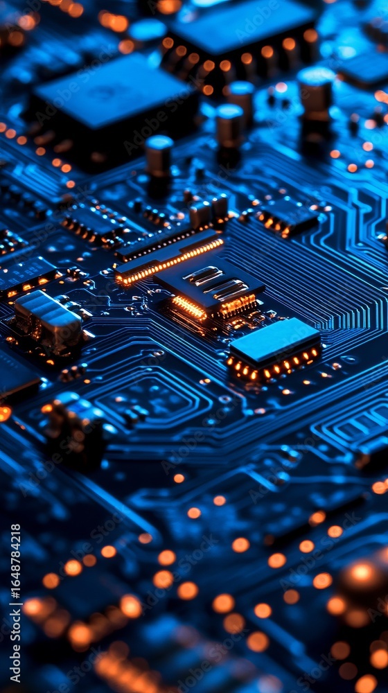 Poster close-up of intricate circuit board with glowing components