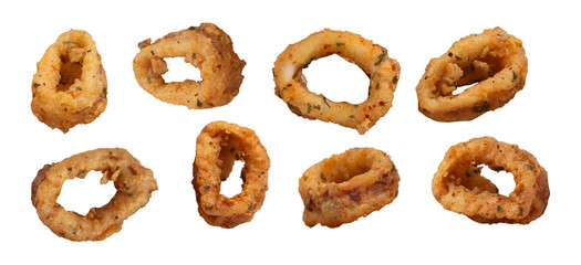Isolated fried calamari rings on white background 