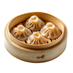 Steamed baozi dumplings in bamboo basket isolated on transparent background