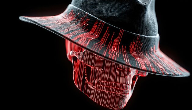 Digital skull in fedora, circuit lines