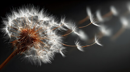A Serene Moment: Captivating Image of Dandelion Seeds Caught in the Gentle Wind Offering a Touch of Nature's Elegance and Tranquility to Any Space or Creative Project