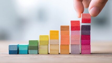 Close-up of a hand stacking colorful wooden blocks in ascending order on a flat representing growth and progress