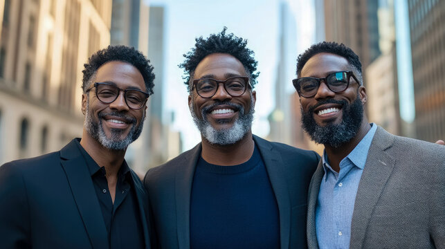 Vibrant portrait of three strikingly similar African American men, wearing glasses and salt-and-pepper beards, smiling confidently in modern business casual attire against urban backdrop. - Powered by Adobe