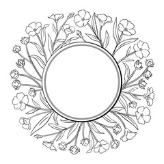 Flax Branch with Flowers and Leaves Outline Round Frame. Organic natural nutritional healthy food ingredient, vegetarian diet product. Vector isolated for design or decoration.