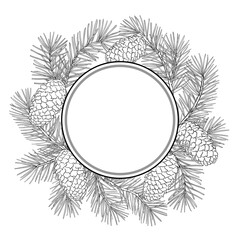Fir Tree Branch with Cones and Needles Outline Round Frame. Vector isolated for design or decoration.