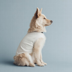 Dog pet blank shirt sitting side view light background mockup calm