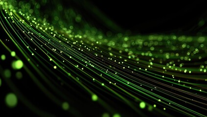 Abstract, swirling, emerald-green lines and particles on a black background