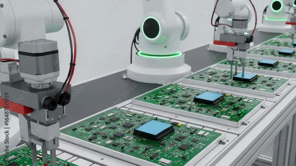 Poster advanced robotic arms precisely place components onto circuit boards moving along an automated assem