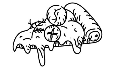 triangular piece of pizza with a sausage crust in the doodle style. Mozzarella pizza, tomato, and dill. Lying on its side. Grunge, engraving, monochrome drawing with black lines on a white background.