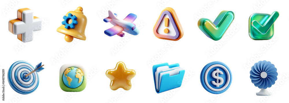 Aufkleber 3d set of icons on transparent background, png. realistic objects with soft shadows and shine