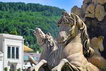 Horses head sculpture, detail of the Residence Fountain in Salzburg, Austria