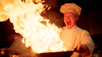 Cheerful Young Chef in White Uniform Joyfully Cooking with Flames in Professional Kitchen Environment for Stock Photography Use