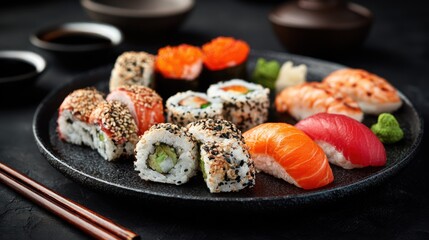 sushi on a black plate