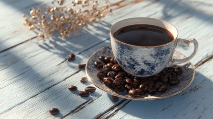 coffee beans and a cup of coffee in the morning sunlight