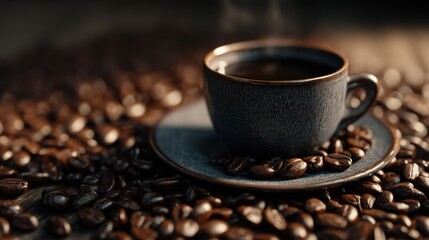 coffee beans and a cup of black coffee