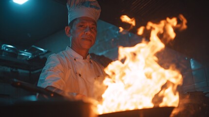 Confident Chef in Professional Kitchen Igniting Passion with Flames while Preparing Delicious Cuisine with Expertise and Skill