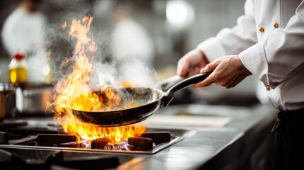Young chef showcasing culinary skills in a stylish kitchen, capturing action shot of flames in a frying pan with focused expression on face