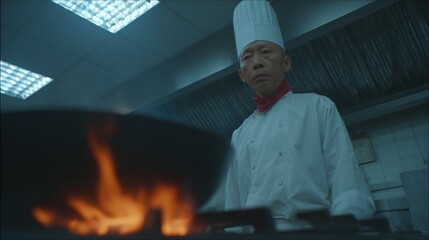 Skilled chef stands confidently in professional kitchen, showcasing culinary expertise while overseeing cooking process and flame in modern environment.
