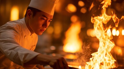 Charming Young Chef Captured from the Side, Working with Flames in a Kitchen Setting, Highlighting Culinary Skill and Passion for Cooking