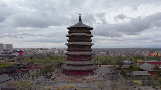 Drone view of Ying Xian Wooden Pagoda, Shanxi, China, 4k real time footage travel concept, panning effect.