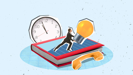 Contemporary collage of businessman pushing giant lightbulb on book with clock and telephone nearby. Concept of innovation, time management, productivity, business strategy, and problem solving.