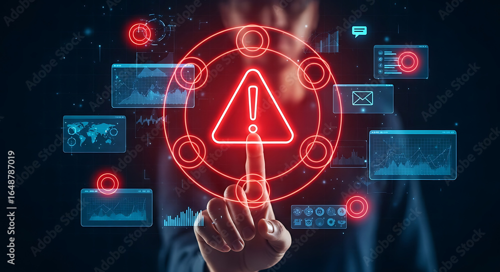 Poster hand touching red alert symbol surrounded by digital interfaces on a dark background