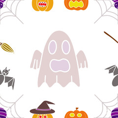 Minimal Cute Halloween Ghost and Pumpkins Pattern with Spider Webs and Bats