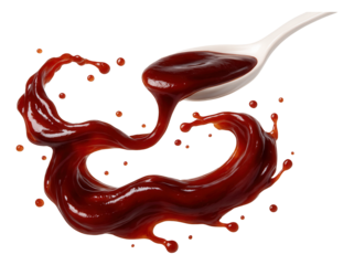 Barbecue sauce swirling in mid-air from a ceramic spoon.
