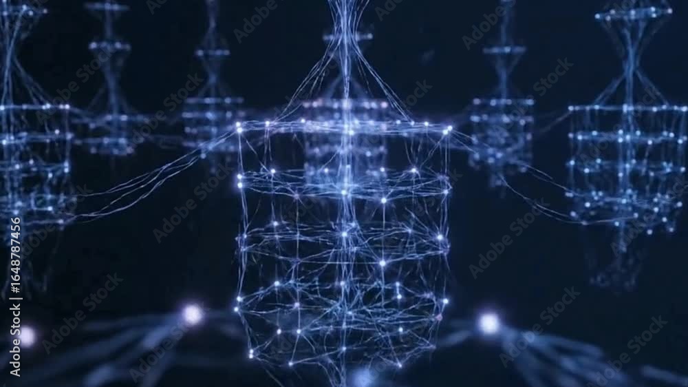 Poster digital cubes are linked with blue neon lines creating an abstract futuristic network in a dark sett