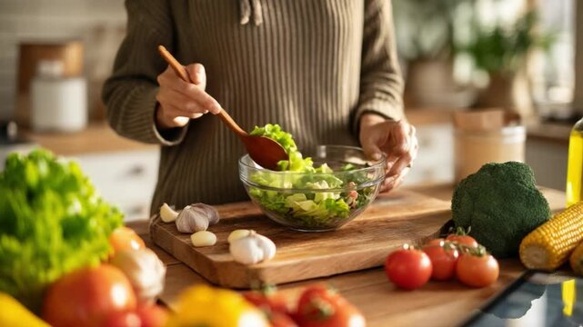 Culinary Art: A person meticulously prepares a vibrant salad, artfully combining fresh vegetables in a luminous kitchen.