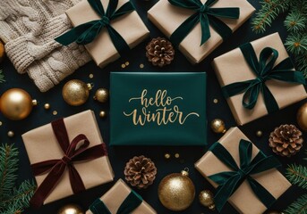 Hello winter written with gold lettering on gift box. Christmas tree branches, pine cones, and presents for holiday celebration.
