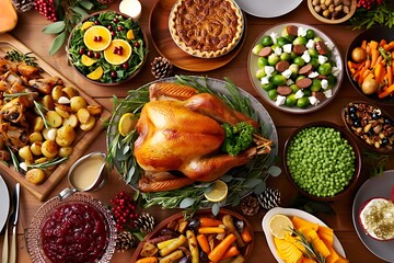 Autumn thanksgiving feast table with perfectly roasted turkey centerpiece, seasonal vegetables, pies, salads, herbs, and sauces arranged for holiday celebration and warm family gathering atmosphere