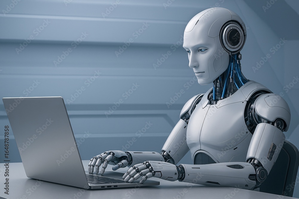 Poster funny happy robot – 3d gpt chatbot icon, artificial intelligence mascot character. trendy tech suppo