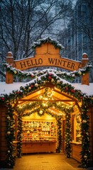 Fototapeta premium A christmas market stall with a hello winter sign. Winter festival setup with lights and snow for holiday shopping.