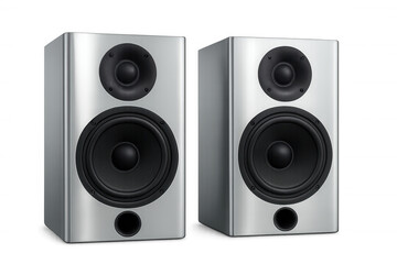 Sleek gray speakers positioned against transparent backdrop, projecting premium sound quality