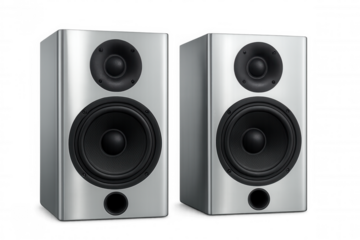 Sleek gray speakers positioned against transparent backdrop, projecting premium sound quality