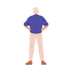Fototapeta premium Man standing and watching, back rear view. Spectator in confident turned pose from behind, backside. Male viewer, facing away, hand on hips. Flat vector illustration isolated on white background