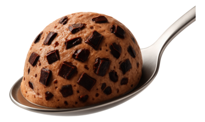 Spoon displaying a scoop of black forest mousse, with chocolate flecks embedded.